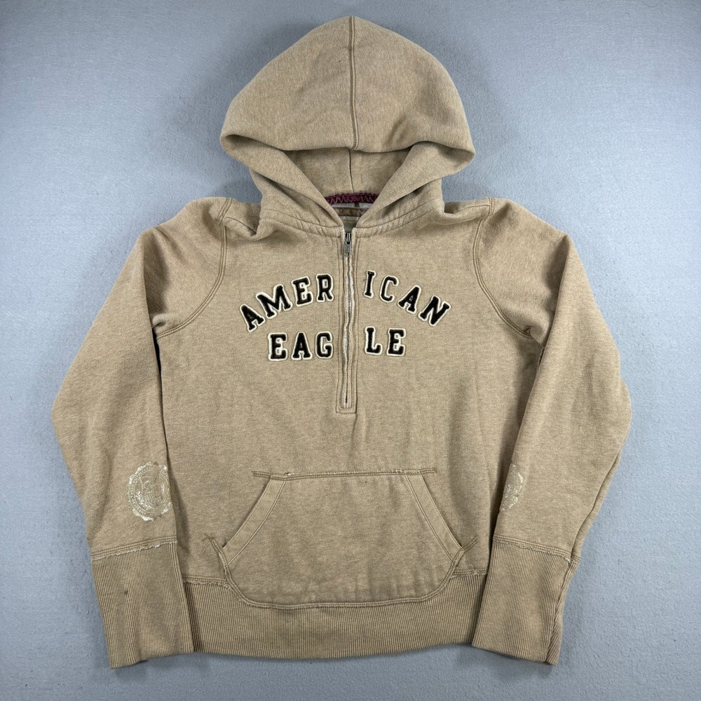 American Eagle Hoodie Women Medium Tan 1/4 Zip Pullover Sweatshirt Spell Out Y2K